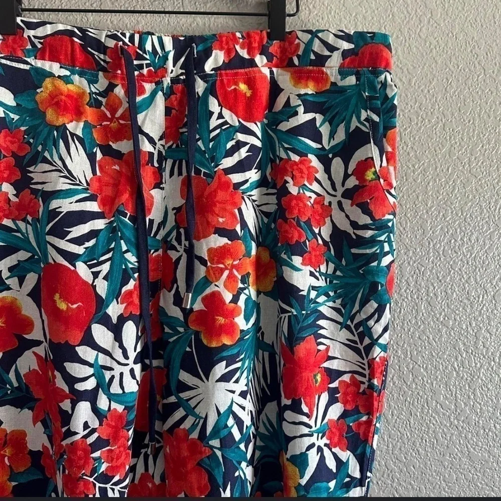 Jessica London Women Midi Skirt Size 24 Red Linen Blend Floral Coastal Grandma